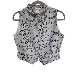 Paolo Santini Sleeveless Top Vest 100% Silk Script Gray Size 10 *few small snags